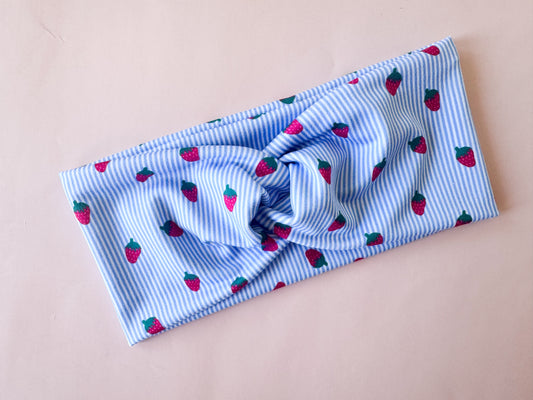 New Blue Pinstripe Strawberries Headband
