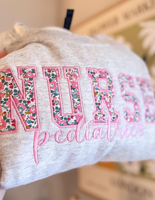 Nurse Pediatrics Floral Applique Embroidered Sweatshirt