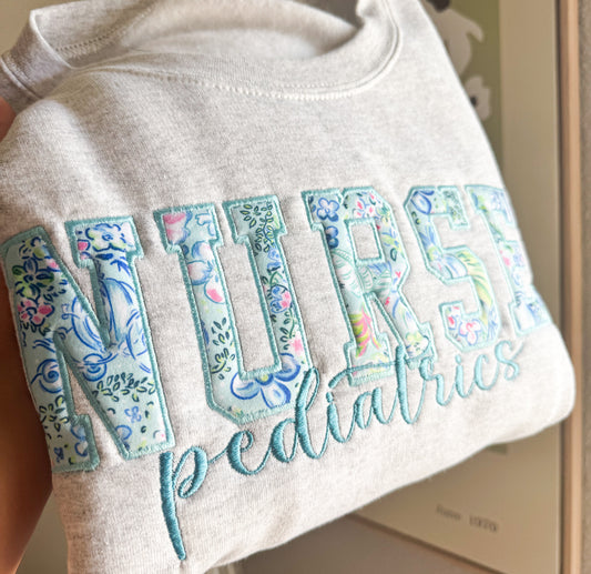 Nurse Pediatrics Floral Appliqué Embroidered Sweatshirt
