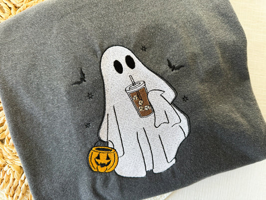 Iced Coffee Trick or Treat Ghost Embroidered Halloween T-shirt