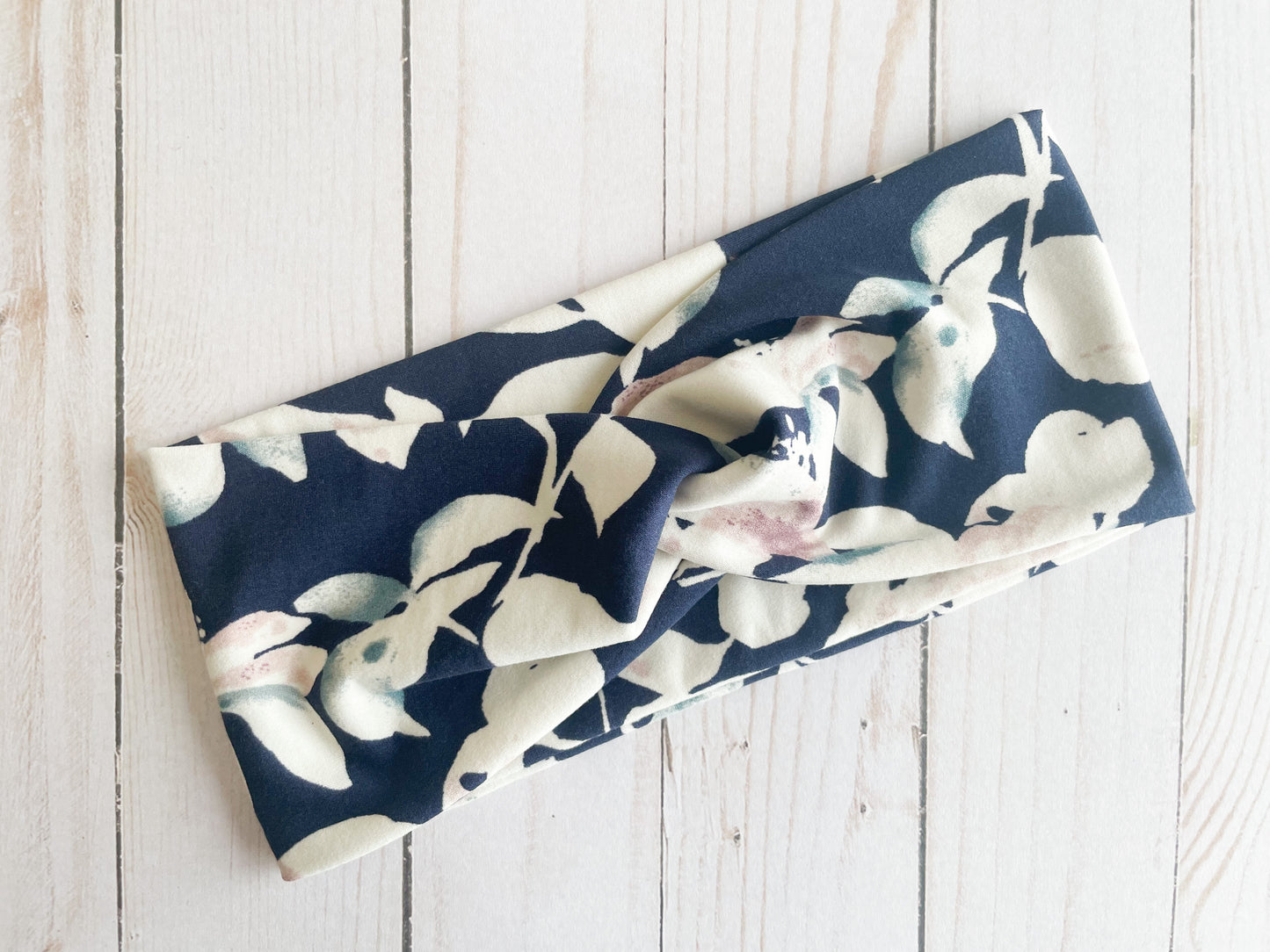 Navy White Floral Twist Headband